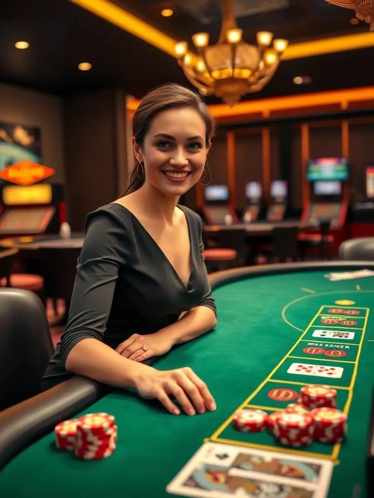 A professional and engaging live dealer interacting with players during a blackjack game, streamed in high definition to capture the authentic casino atmosphere of Pin8's live dealer experiences.