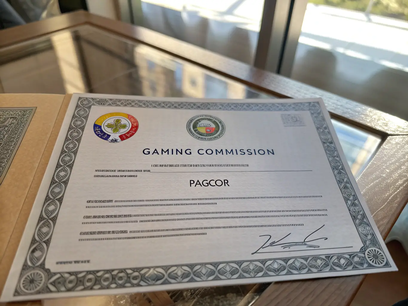 A photograph of the official Philippine Amusement and Gaming Corporation (PAGCOR) license displayed prominently. The image should convey trust and regulatory compliance.