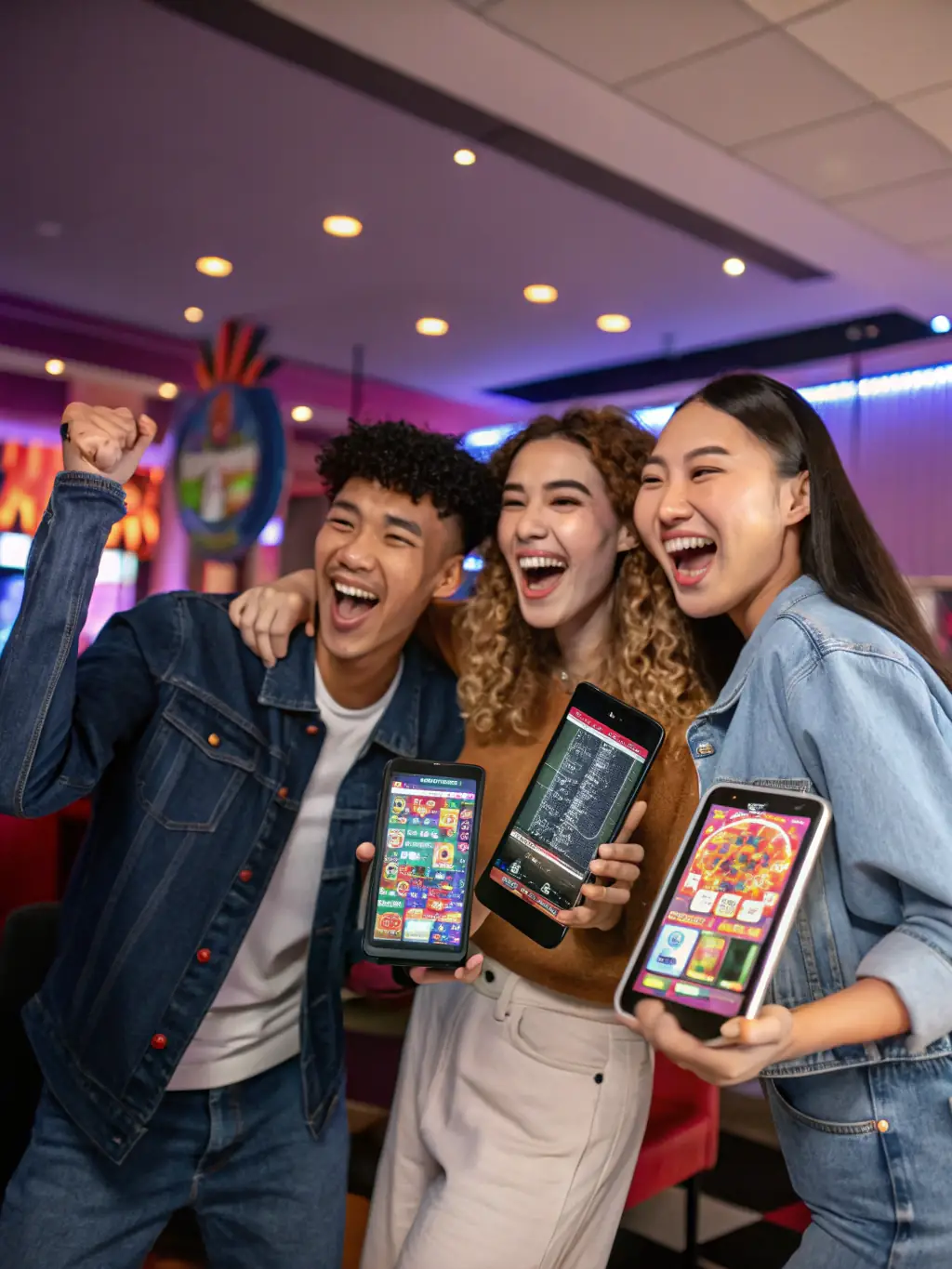 A close-up shot of a diverse group of people happily playing casino games on their mobile devices, showcasing the accessibility and enjoyment of PIN8's platform.
